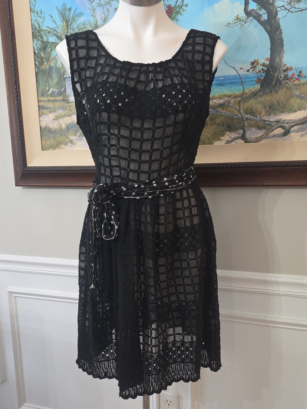 Black Sleeveless Grid-Lace Mini Dress with Polka Dot Waist Tie